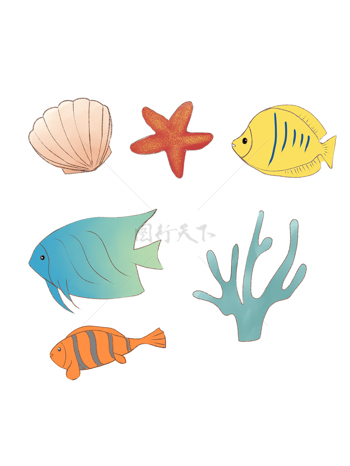 卡通海洋生物贝壳海星热带鱼珊瑚小丑鱼