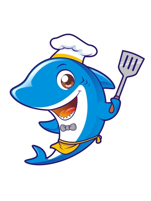 卡通餐饮可爱小鲨鱼厨师拿锅铲