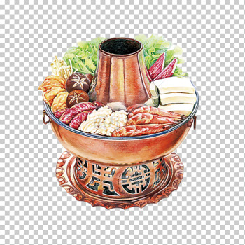 手绘铜炉火锅海鲜牛肉素菜一锅煮美食免抠元素