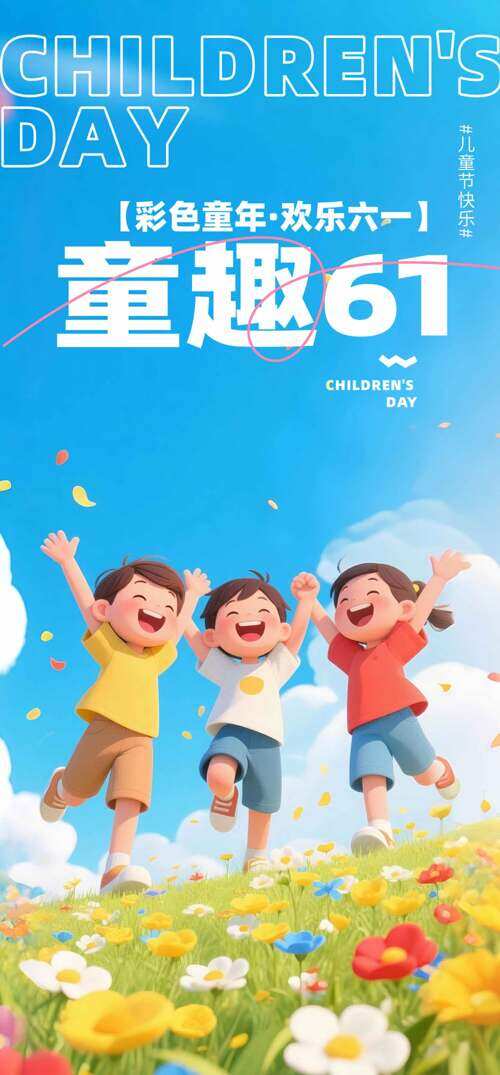 彩色童年欢乐六一扁平卡通儿童节海报