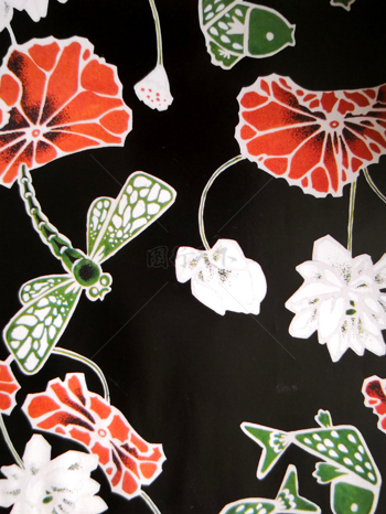 传统  抽象花卉草木 底图底纹  图案背景贴图 黑底红花蜻蜓