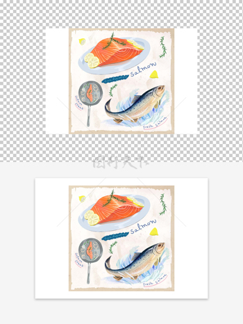 手绘三文鱼美食元素