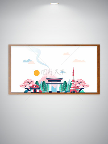 手绘日本传统建筑风光简笔画插画