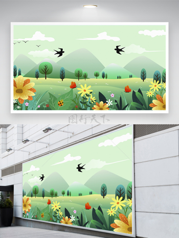 清新简约风格春天主题绿色草地鲜花小燕子风景插画