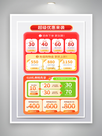 红橙色优惠券组活动促销设计模板